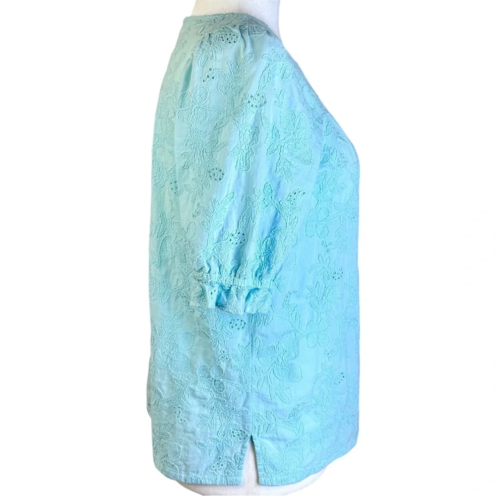 LOFT Light Aqua Blue Eyelet Embroidered Blouse Size M - Picture 7 of 11